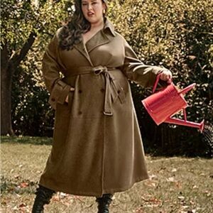Ashley Graham Faux Suede Long Trench Coat in Olive Brown